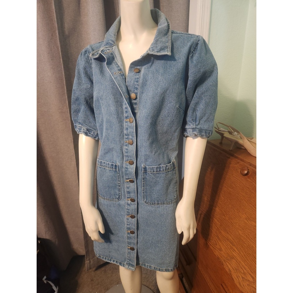Vtg Velvet Heart 100% Cotton Denim Button Up Dress Puff Sleeve Pockets Y2k  S/M - Picture 3 of 13